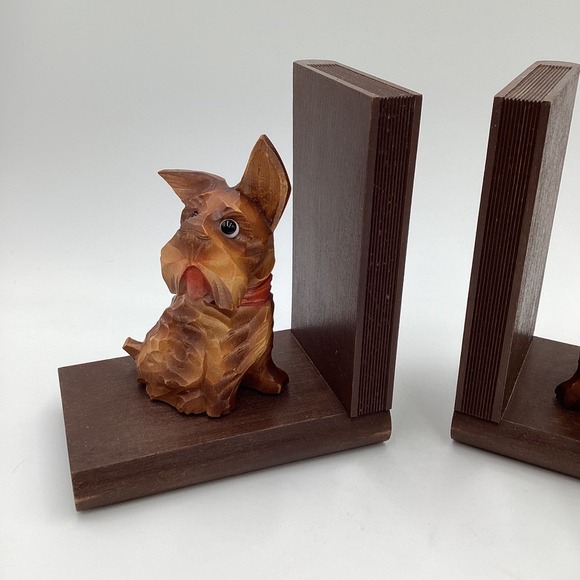 Vintage Wooden Dog Bookends Hand Carved Scottie Terrier Novelty Book Holders - Picture 4 of 7